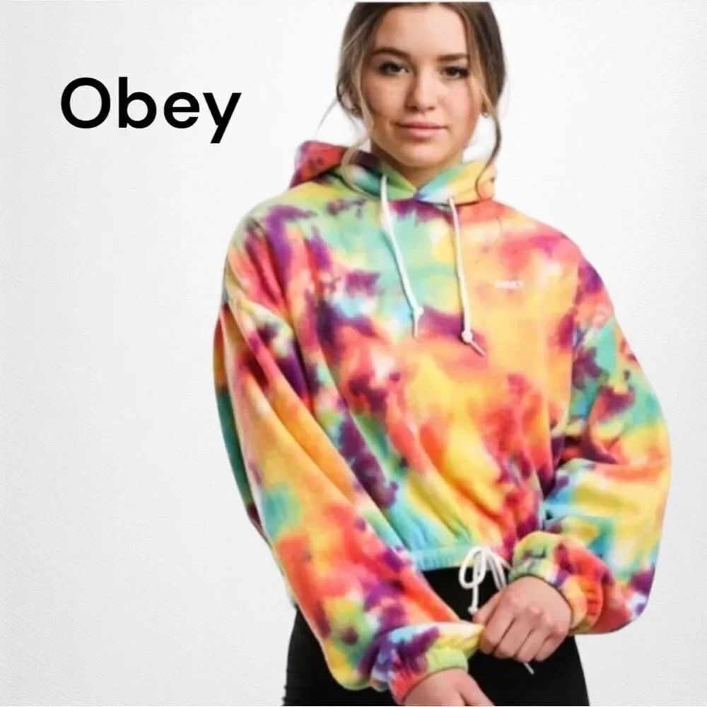 New with Tag OBEY Women's Russett Hood Tie-Dye Cropped Sweatshirt S